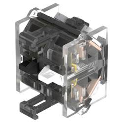 Un gros plan d'un commutateur de clavier mécanique avec un boîtier transparent montrant les composants internes, tels que la tige et le ressort métallique.