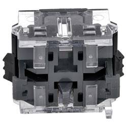 Un bloc de relais électrique en plastique transparent avec des composants internes noirs, utilisé pour contrôler les circuits dans les systèmes électroniques.