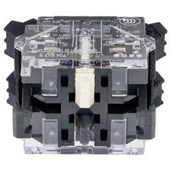 Un relais électrique transparent avec des composants noirs et blancs, présentant plusieurs connecteurs et un panneau supérieur étiqueté, utilisé pour commuter des circuits.