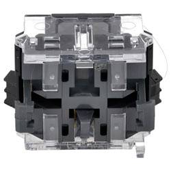 Un commutateur de clavier mécanique transparent avec un boîtier clair révèle les mécanismes internes, mettant en évidence la tige en forme de croix et les composants noirs.