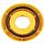 Un objet circulaire jaune en plastique avec un trou central et un anneau en caoutchouc noir à l'intérieur, possiblement un joint ou un composant d'étanchéité.
