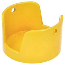 Un support mural en plastique jaune, conçu pour maintenir un objet de forme cylindrique, présentant un design courbe et deux trous de montage.