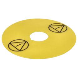 Objet circulaire jaune avec un trou central, présentant des symboles triangulaires noirs.