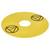 Objet circulaire jaune avec un trou central, présentant des symboles triangulaires noirs.