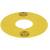 Un disque en plastique jaune avec un trou central, comportant deux symboles identiques—un triangle avec un point d'exclamation à l'intérieur—sur les côtés opposés.