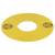 Un disque en plastique jaune, de forme circulaire, avec un trou central et deux symboles noirs espacés régulièrement sur sa surface.
