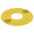 Un pochoir circulaire jaune avec un trou central et deux symboles triangulaires sur sa surface.