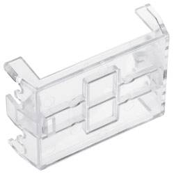 Un support en plastique transparent conçu pour maintenir fermement un petit composant électronique unique, vu sous un angle.