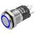 Un commutateur à bouton-poussoir en métal avec un anneau LED bleu, présentant plusieurs bornes de connexion à l'arrière.
