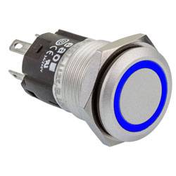 Un bouton poussoir métallique rond avec un anneau lumineux bleu et des connexions étiquetées.