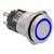 Un bouton poussoir métallique rond avec un anneau lumineux bleu et des connexions étiquetées.