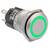 Un bouton poussoir métallique avec un anneau de LED vert luminescent autour de la base, utilisé dans les circuits électroniques pour les fonctions de contrôle.