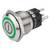 Un bouton-poussoir métallique avec un symbole d'alimentation vert, indiquant qu'il est conçu pour allumer ou éteindre des appareils.