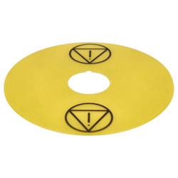Un disque vinyle jaune avec deux points d'exclamation noirs à l'intérieur de triangles, présenté sur les deux faces.
