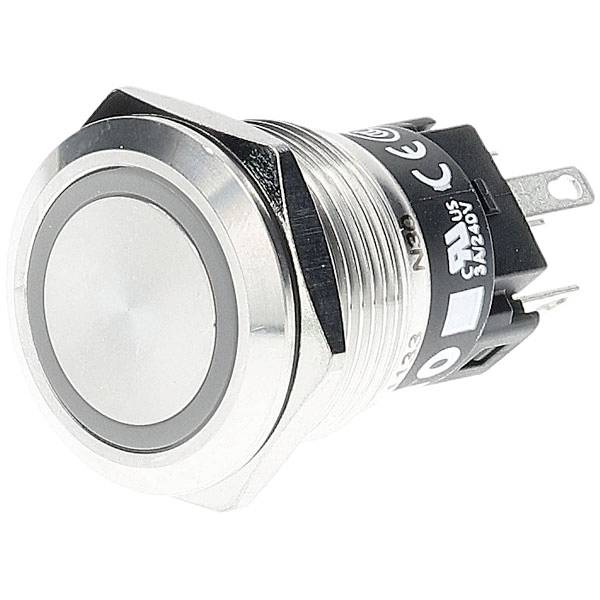 Un bouton poussoir métallique avec une finition en acier inoxydable, convenant aux appareils électroniques ou aux panneaux de commande, présenté sous une vue en angle.