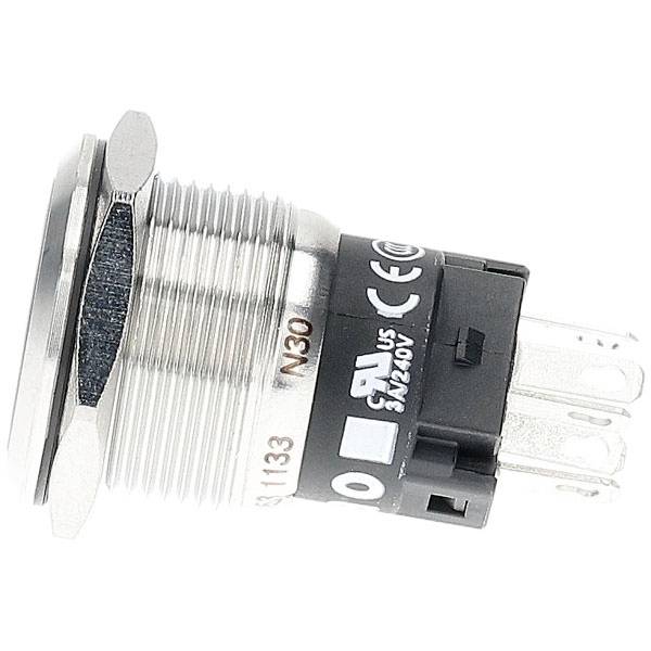 Un commutateur à bouton-poussoir en métal avec certifications CE et UL, équipé d'un corps fileté et de trois broches pour les connexions électriques.