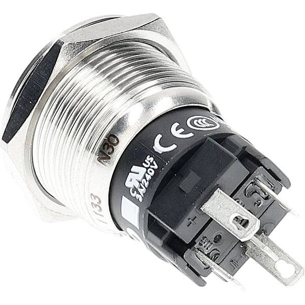 Bouton-poussoir métallique argenté rond avec filetage de vis et étiquette « 250V ». Convient aux appareils industriels ou électroniques.