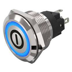 'Bouton poussoir métallique avec anneau LED bleu en position arrêt.'