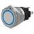 Un gros plan d'un bouton poussoir métallique, rond, avec un anneau LED bleu, conçu pour une utilisation dans des appareils électroniques.