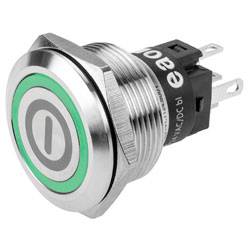 Un bouton-poussoir métallique avec un symbole de puissance illuminé en vert, utilisé pour allumer ou éteindre les appareils, doté de bornes à vis.