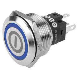 Un commutateur à bouton-poussoir métallique avec un anneau LED bleu, présentant un symbole d'alimentation sur sa surface. Convient aux appareils électroniques.