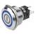 Un commutateur à bouton-poussoir métallique avec un anneau LED bleu, présentant un symbole d'alimentation sur sa surface. Convient aux appareils électroniques.