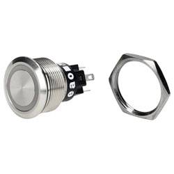 Bouton-poussoir métallique avec bague de montage hexagonale, doté d'un corps filetté et de bornes visibles pour les connexions électriques.