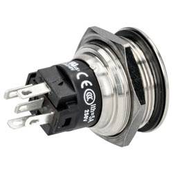 Un commutateur à bouton-poussoir métallique à quatre bornes est présenté. Il se caractérise par un boîtier rond de couleur argent et porte des spécifications.