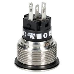 Un interrupteur à bouton-poussoir métallique avec plusieurs connecteurs de bornes, utilisé pour contrôler un circuit électrique.