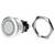 Un bouton-poussoir en argent et un écrou hexagonal sont présentés. L'interrupteur est métallique avec un design circulaire et des broches de connexion à l'arrière.