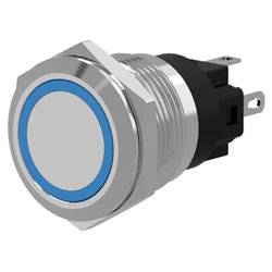 Un bouton poussoir métallique avec anneau LED bleu, conçu pour les applications industrielles ou électroniques.