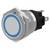 Un bouton poussoir métallique avec anneau LED bleu, conçu pour les applications industrielles ou électroniques.