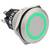 Bouton métallique rond avec un anneau LED vert illuminé, utilisé pour les appareils électroniques, affichant l'état d'alimentation ou d'activation, isolé sur fond blanc.