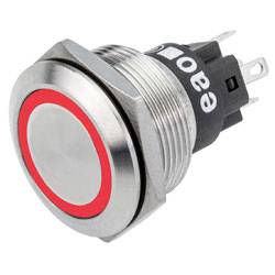 Un bouton-poussoir rond en métal avec un anneau rouge et deux connecteurs électriques à l'arrière, adapté pour le contrôle d'appareil ou l'entrée.