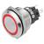 Un bouton-poussoir rond en métal avec un anneau rouge et deux connecteurs électriques à l'arrière, adapté pour le contrôle d'appareil ou l'entrée.
