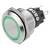 Un bouton-poussoir métallique avec anneau LED vert, doté d'un corps fileté et de trois bornes métalliques à l'arrière pour les connexions de câblage.