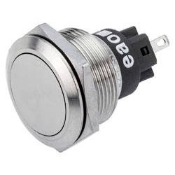 Un bouton poussoir métallique avec un anneau bleu et trois broches de connexion, couramment utilisé pour les projets électroniques ou la commande d'appareils.