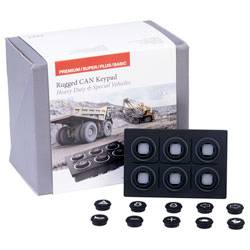 Paquet « Clavier CAN renforcé » avec image de machinerie d'excavation, montrant un clavier avec six boutons et plusieurs bouchons de boutons individuels affichés.