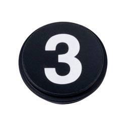 Un bouton circulaire noir avec le chiffre blanc 3 centré dessus.
