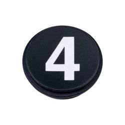 Un bouton noir circulaire avec le chiffre « 4 » en gras blanc sur sa surface.