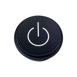 « Un bouton d'alimentation circulaire noir avec un symbole d'alimentation blanc au centre. »