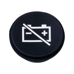 Un bouton rond noir avec une icône de batterie blanche, comportant une ligne diagonale qui la traverse, indiquant un symbole « pas de batterie » ou « batterie non incluse ».