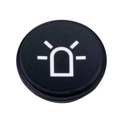 Un bouton rond noir avec une icône de sirène blanche, indiquant une fonction d'alerte ou d'urgence.