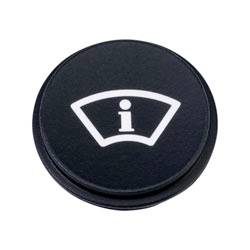 Un bouchon de liquide lave-glace noir avec un symbole blanc d'un « i » à l'intérieur d'un demi-cercle.