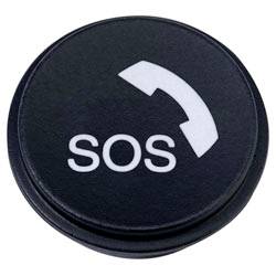 Un bouton noir avec une icône de téléphone blanc et le texte « SOS », indiquant une fonction d'appel d'urgence.