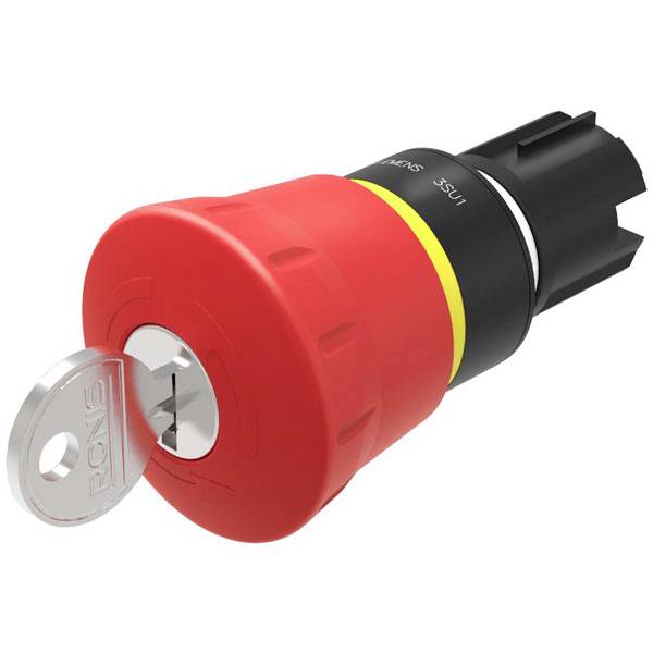 Un bouton d'arrêt d'urgence rouge avec une clé insérée, utilisé pour couper l'alimentation électrique dans les environnements industriels.