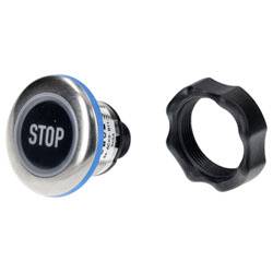 Un bouton-poussoir rond vert avec un anneau LED brillant, présenté sur un fond blanc. Il est conçu pour être installé avec un boîtier métallique et des broches de connecteur.