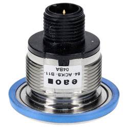 Un capteur en métal et plastique avec un corps fileté, étiqueté « E300 », doté d'un connecteur au sommet et d'une bague bleue à la base, généralement utilisé dans les environnements industriels.