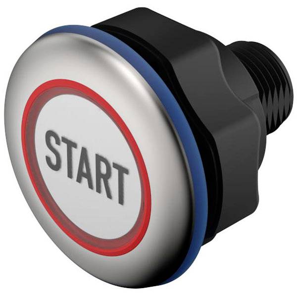 Un bouton poussoir argenté avec un symbole d'alimentation bleu sur la face avant, présentant deux broches à l'arrière pour la connexion.