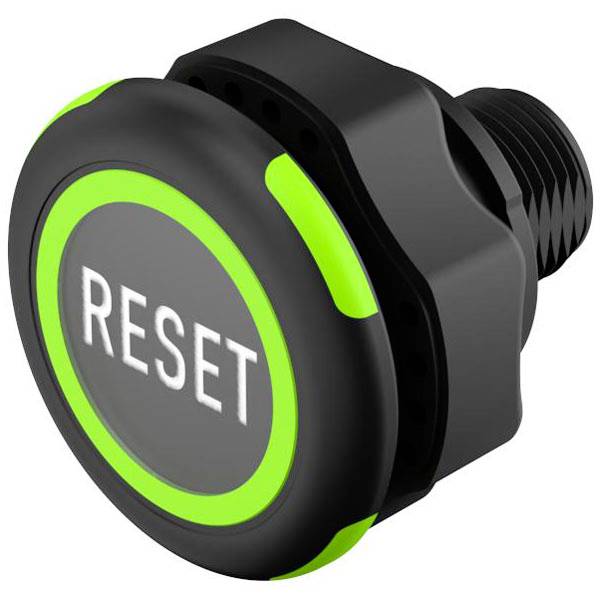 Un bouton « RÉINITIALISER » noir avec un contour vert, conçu pour les machines ou les appareils électroniques, indiquant une fonction de réinitialisation.